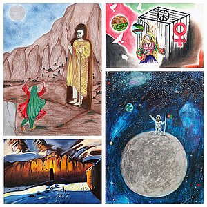 Collage Hoffnung für Afghanistan, 4 gemalte Bilder