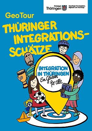 Titelbild Broschüre Thüringer Integrationsschätze, gelber Schriftzug, Karikaturen bunt Menschen