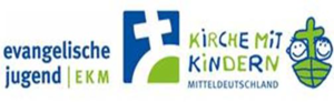 Logo EKM Schriftzug blau/grün mit Karikatur