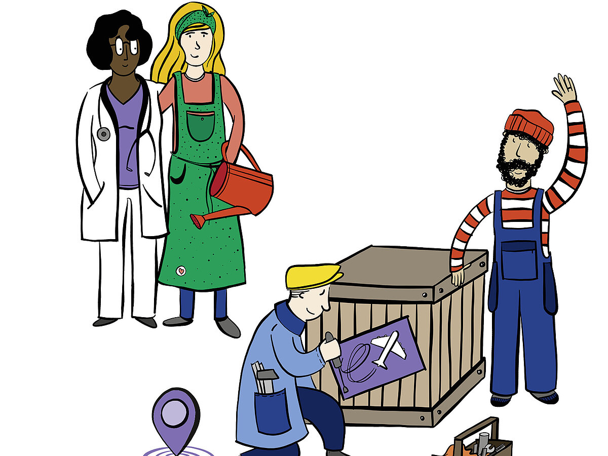 Geo Tour bunt gemaltes Bild, 2 Menschen stehend nebeneinander, in der Mitte eine Kiste, eine Person kniend vor der Kiste daneben steht eine Person