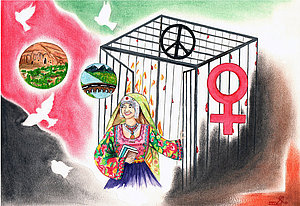 gemaltes Bild Frau tritt aus Käfig