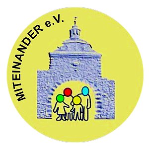Logo Verein Miteinander: gelber Kreis mit Schriftzug und Torbogen, 4 Menschen Karikaturen im Torbogen