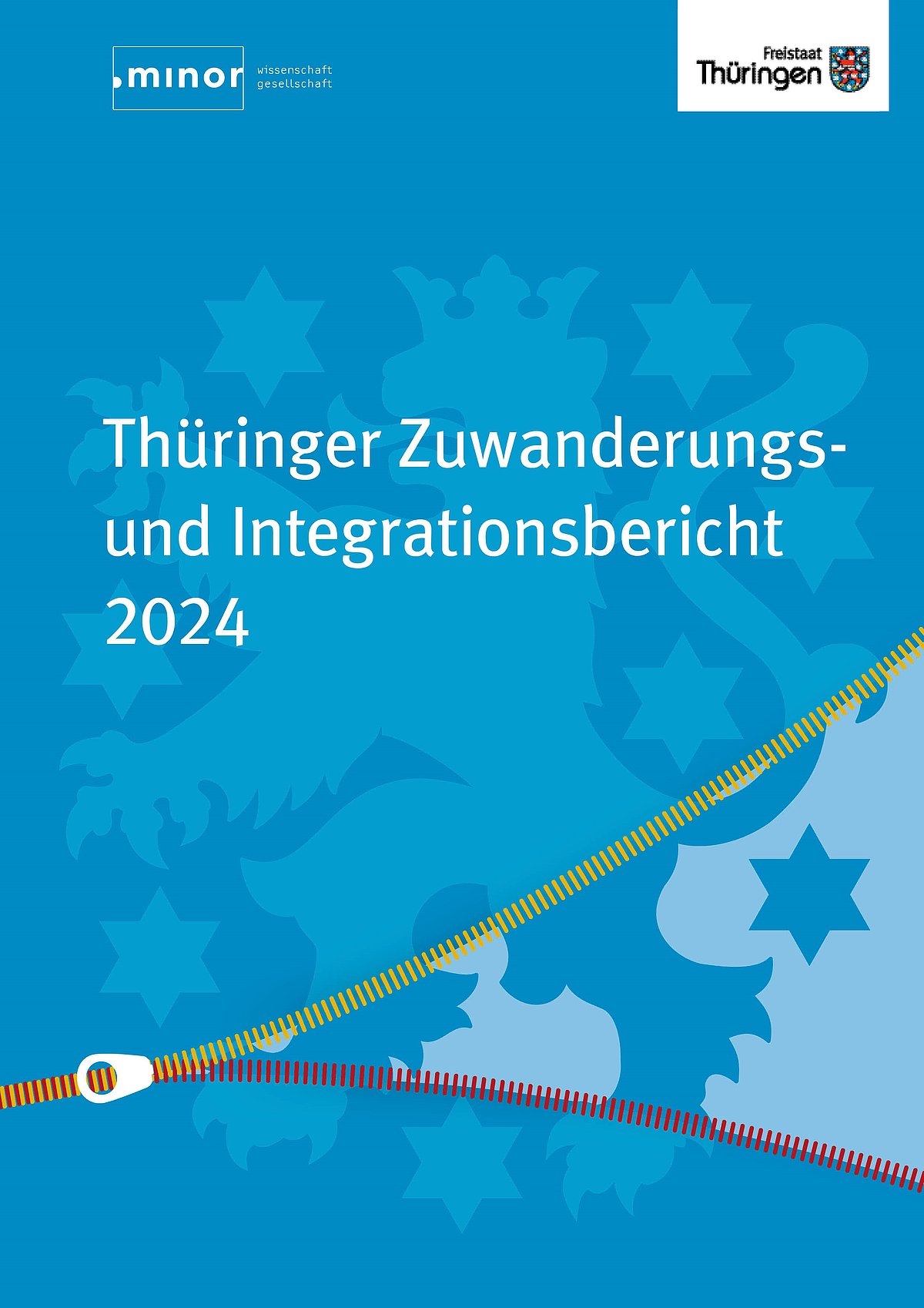 Titelbild mit Text "Thüringer Zuwanderungs- und Integrationsbericht 2024" auf blauem Grund