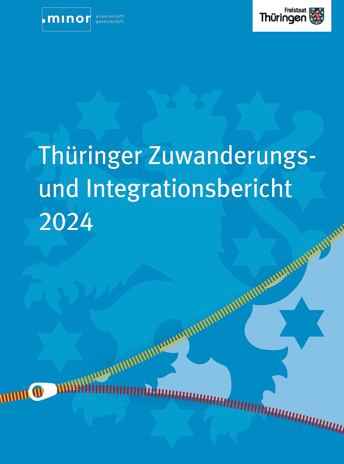 Titelbild mit Text "Thüringer Zuwanderungs- und Integrationsbericht 2024" auf blauem Grund