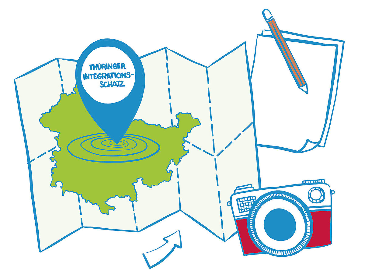 GeoTour GeoCache gemalte Karte mit Zielpunkt Thüringer Integrationsschatz, gemalter Fotoapparat, Stift und leerer Block