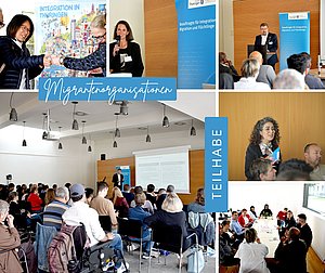 Fotokollage Migrantenorganisationen; Teilhabe; Fotos der Veranstaltung, 6 Fotos mit verschiedenen Menschen