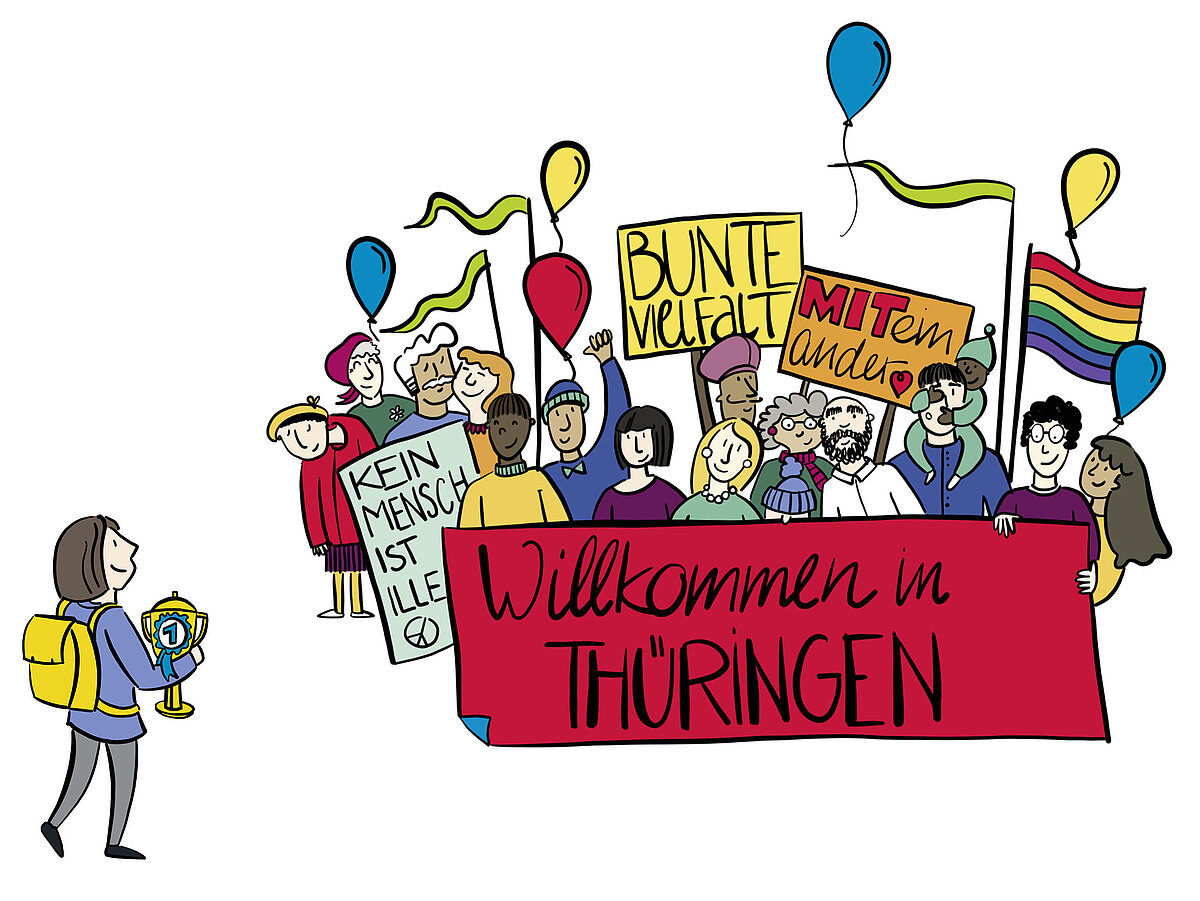 GeoTour bunt gemaltes Bild - Gewinn für Alle - viele Menschen stehend mit Luftballons, Fahnen, Schilder (Kein Mensch ist illegal; bunte Vielfalt, Miteinander) großes rotes Schild mit schwarzer Schrift Willkommen in Thüringen