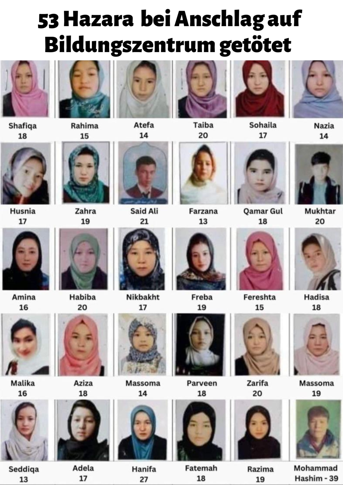 30 Porträtsfotos von jungen Menschen, überwiegend Mädchen, Bildüberschrift: #stop Hazara Genocide