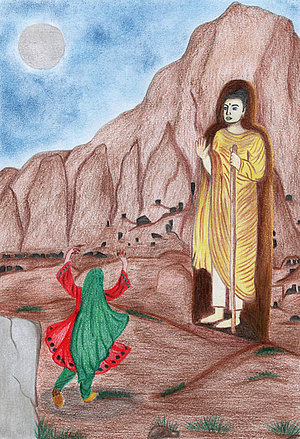 gemaltes Bild tanzendes Mädchen vor Buddha-Statue