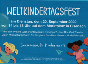 Flyer blauer Hintergrund, Schriftzug weiß, rechts und links unten Karikaturen Kinder