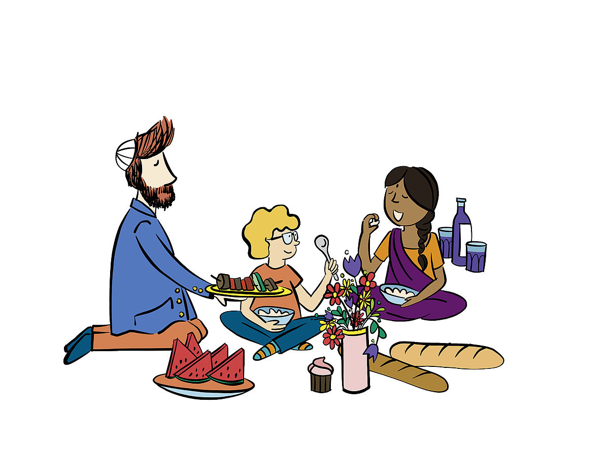 Geo Tour Grafik Cache Begegnung beim Picknick