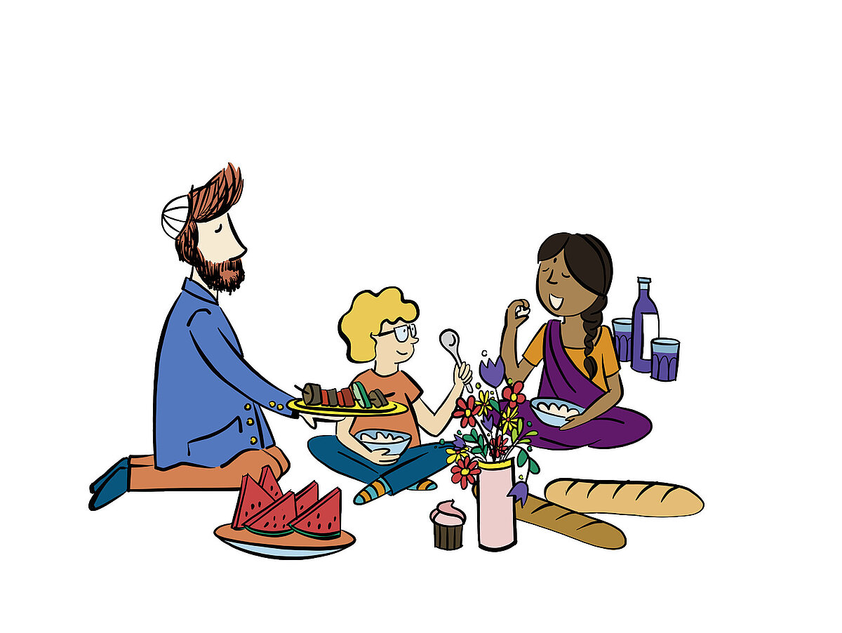 GeoTour bunt gemaltes Bild Begegnung 3 Personen sitzend - Picknick