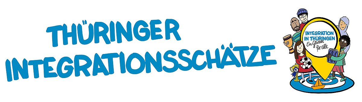 GeoTour Thüringer Integrationsschaetze, weißer Hintergrund, blaue Schrift, Bild mit Pinnadel und gemalten Menschen GeoTour Thüringer Integrationsschaetze, weißer Hintergrund, blaue Schrift, Bild mit Pinnadel und gemalten Menschen