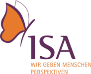 LOGO ISA Kompass: Schmetterling orange, Schrift: ISA Wir geben Menschen Perspektiven