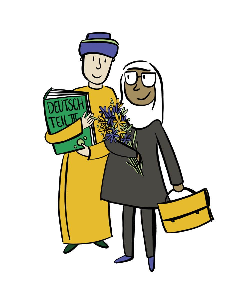 Geo Tour Grafik "Sprache" - zwei Menschen schauen sich freundlich an