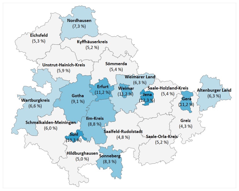 Abbildung einer Thüringenkarte mit den einzelnen Kommunen und den dazugehörigen prozentualen Anteilen der Ausländerinnen und Ausländern der jeweiligen Landkreise/der kreisfreien Städte.
